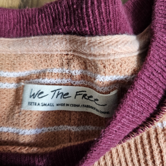 Free People- We the Free Short Sleeve White Stripe Top Orange Burgundy XS - Picture 2 of 5